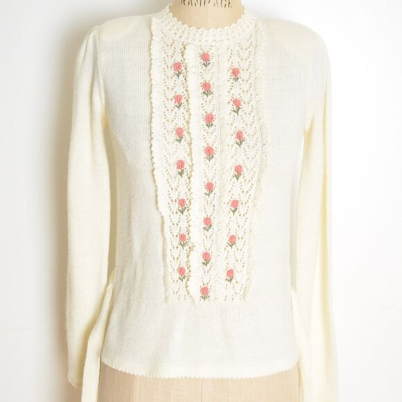 vintage 70s sweater cream pointelle rosettes belted hippie boho jumper top S - Picture 9 of 10